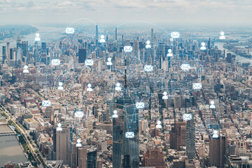 Fototapeta na wymiar Aerial panoramic helicopter city view of Upper Manhattan, Midtown and Downtown, New York, USA. Social media hologram. Concept of networking and establishing new people connections