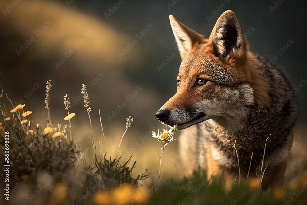 Poster Balkan wildlife in Europe, Bulgaria. Canis aureus, or the golden jackal, eating on a meadow in the Eastern Rhodopes. Scene of a wild dog in the wild. Where the mountain animal lives. Generative AI