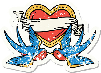 traditional distressed sticker tattoo of a swallows and a heart with banner