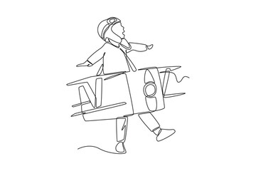 Continuous one line drawing Happy boy playing cardboard airplane. Happy Children's Day concept. Single line draw design vector graphic illustration.