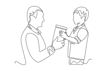 Continuous one line drawing father gives gift box to son. Happy Children's Day concept. Single line draw design vector graphic illustration.