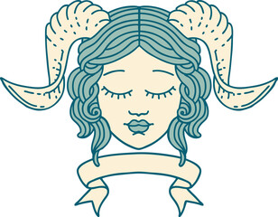 tiefling character face with scroll banner illustration