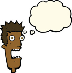 cartoon shocked man's face with thought bubble