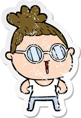 distressed sticker of a cartoon tough woman wearing spectacles