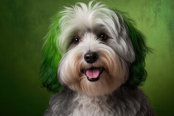 Naklejka na ściany i meble Portrait of a funny and happy dog with a smile on a green background in the Studio of a cute and sweet baby Havanese dog looking at the camera. Generative AI