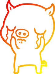 warm gradient line drawing cartoon pig crying