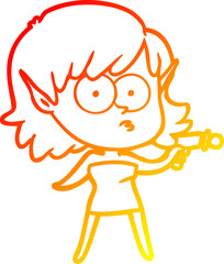 warm gradient line drawing cartoon elf girl with ray gun