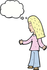 cartoon woman with open arms with thought bubble