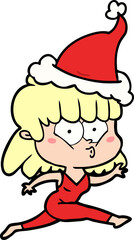 line drawing of a woman running wearing santa hat