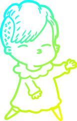 cold gradient line drawing cartoon squinting girl