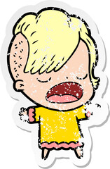 distressed sticker of a cartoon cool hipster girl talking