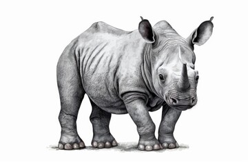 Cute baby rhino, rhinoceros, on a white background. Animals from Africa. Safari. Illustration. Template. Hand drawn. Design for a greeting card. Cut outs. Generative AI