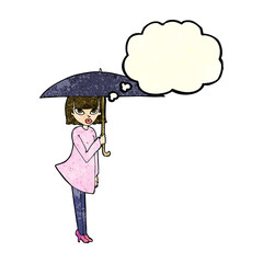 cartoon woman with umbrella with thought bubble