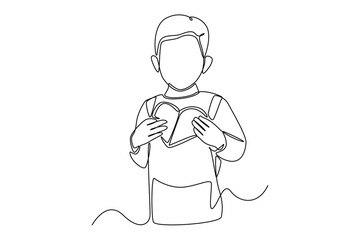 Continuous one line drawing happy boy hugging heart. World health Day concept. Single line draw design vector graphic illustration.