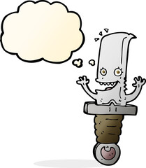 crazy cartoon knife character with thought bubble