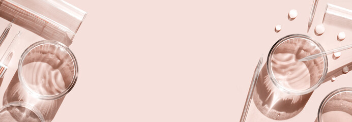 banner serum in petri dishes on light beige background cosmetic research concept