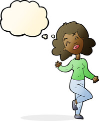 cartoon happy woman dancing with thought bubble
