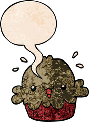cute cartoon pie and speech bubble in retro texture style