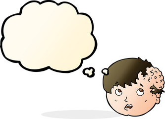 Obraz premium cartoon boy with ugly growth on head with thought bubble