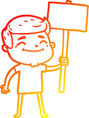 warm gradient line drawing happy cartoon man with placard