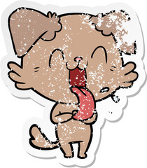 distressed sticker of a cartoon panting dog