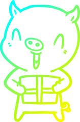 cold gradient line drawing happy cartoon pig with xmas present