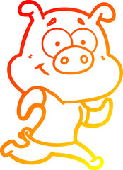warm gradient line drawing happy cartoon pig running
