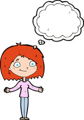 cartoon woman shrugging shoulders with thought bubble