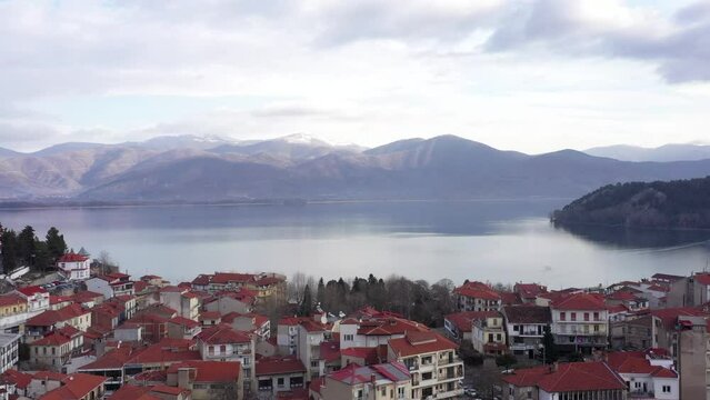 Aerial view the city of Kastoria and Lake Orestiada in northern Greek