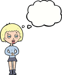 cartoon suspicious girl with thought bubble