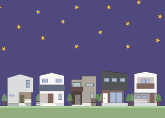 家　一戸建て　住宅　街並み　夜　イラスト