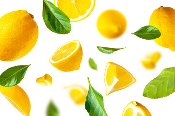Collection of flying ripe juicy yellow lemons, green leaves isolated. Cut out organic lemon. With...