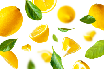 Collection of flying ripe juicy yellow lemons, green leaves isolated. Cut out organic lemon. With clipping path. Citrus tropical fruit, vitamin C. Creative food levitation concept, mockup 
