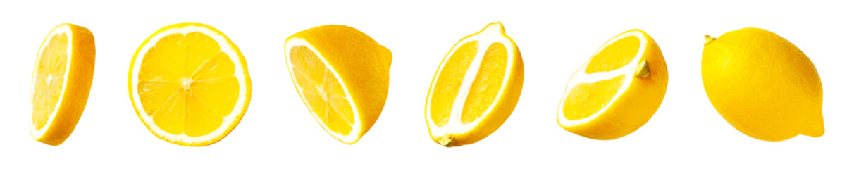 Collection of ripe juicy yellow lemons isolated on white background. Cut out organic lemon. With clipping path. Citrus tropical fruit, food, vitamin C