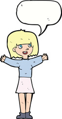 cartoon excited woman with speech bubble
