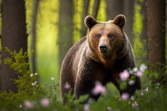 A close up picture of a brown bear in the woods. Scene of springtime wildlife. The natural home of a wild animal. Generative AI