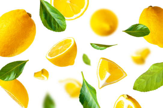 Collection of flying ripe juicy yellow lemons, green leaves isolated. Cut out organic lemon. With clipping path. Citrus tropical fruit, vitamin C. Creative food levitation concept, mockup 