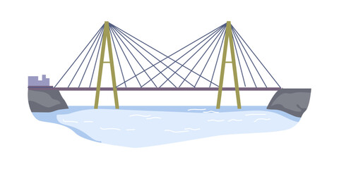 Suspension bridge across river, construction connecting banks or land pieces. Isolated architecture or city infrastructure, overpass. Vector in flat style
