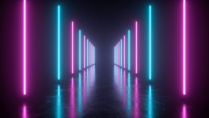 Neon lines forming a tunnel in perspective with reflections - 3D Illustration