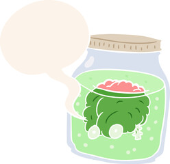 cartoon spooky brain floating in jar and speech bubble in retro style