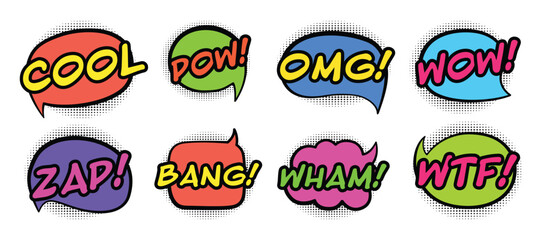 Comic speech bubbles set with different emotions and text Cool, Pow, Omg, Wow, Zap, Bang, Wham, Wtf. Vector illustration.