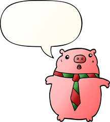 cartoon pig wearing office tie and speech bubble in smooth gradient style