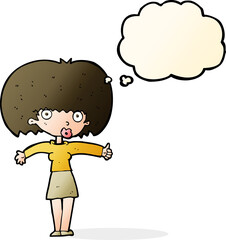 cartoon woman giving thumbs up symbol with thought bubble