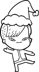 cute line drawing of a girl with hipster haircut wearing santa hat