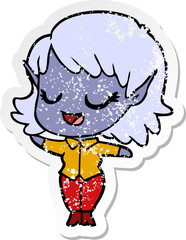 distressed sticker of a happy cartoon elf girl