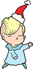 line drawing of a squinting girl wearing santa hat