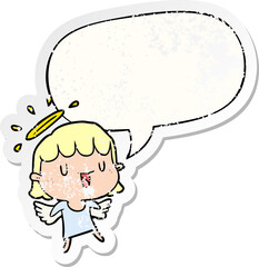 cute cartoon angel and speech bubble distressed sticker