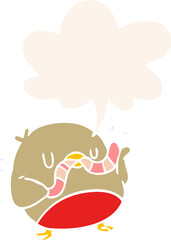 cartoon bird eating worm and speech bubble in retro style
