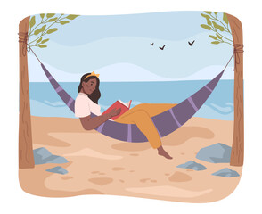 Female personage lying in hammock and reading book enjoying weekends by seaside. Girl on weekends or vacation. Flat cartoon character, vector illustration