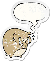 cartoon crying bear and speech bubble distressed sticker